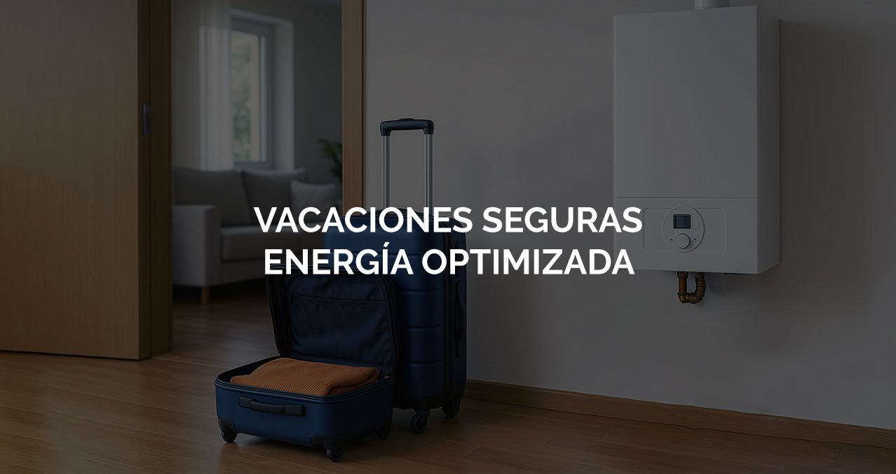 Maleta en casa con caldera al fondo, simboliza preparación para vacaciones y revisión del sistema de calefacción